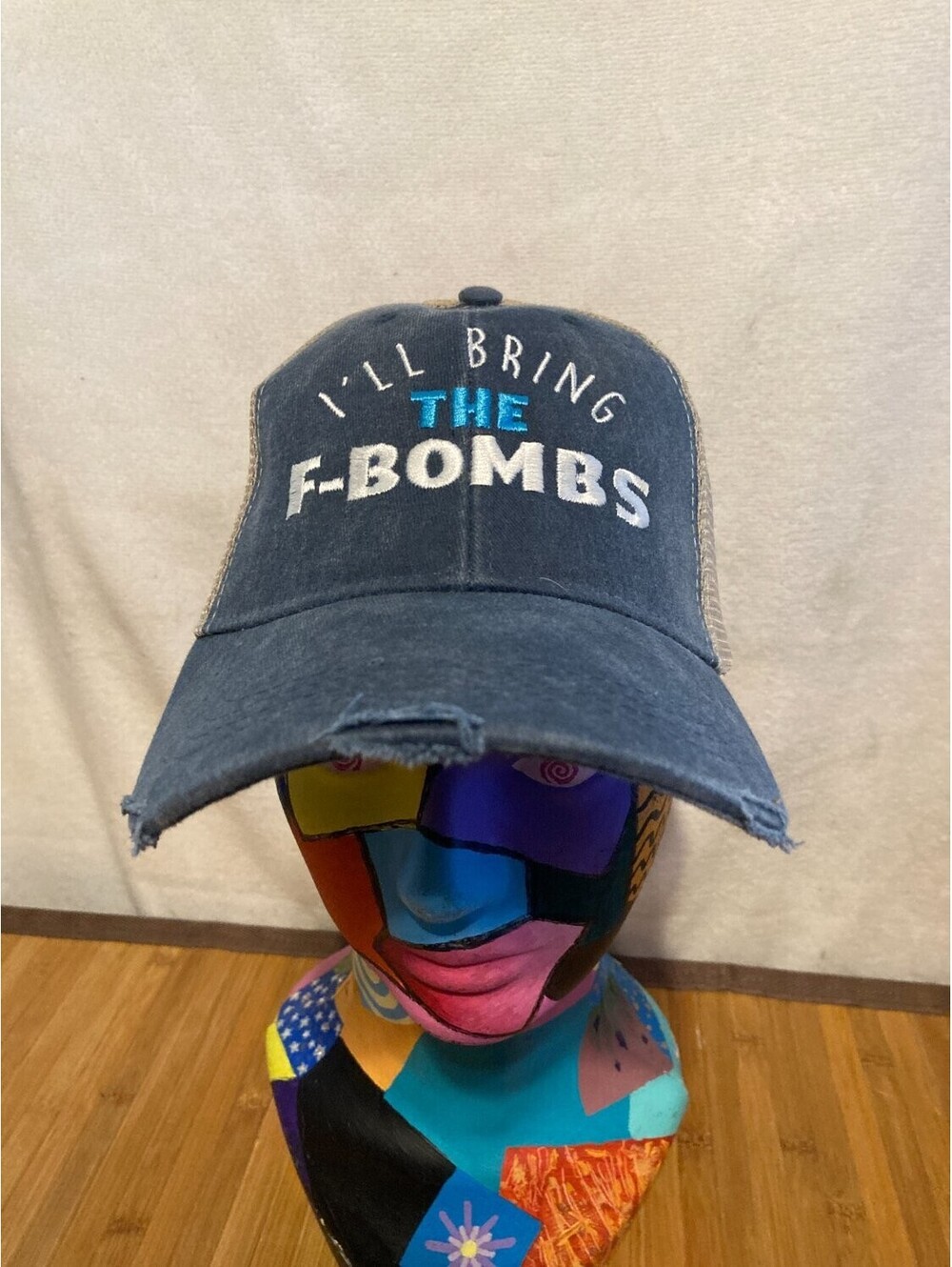 Piper Lou I'll Bring The F-Bombs Trucker Hat Distressed Mesh Snapback Navy Tan